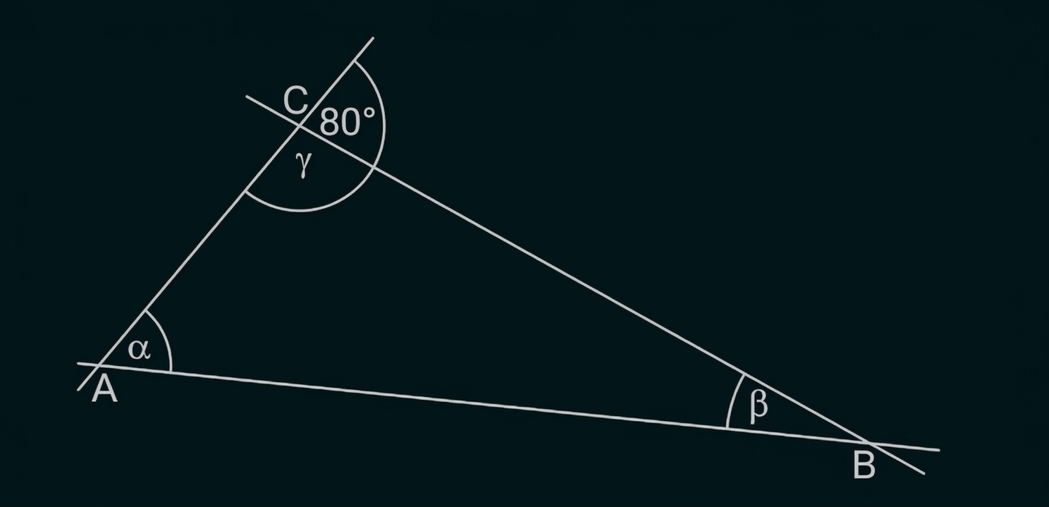 Geometrische Zeichnung mit Winkeln an den Punkten A, B und C sowie den Bezeichnungen α, β, γ und 80°